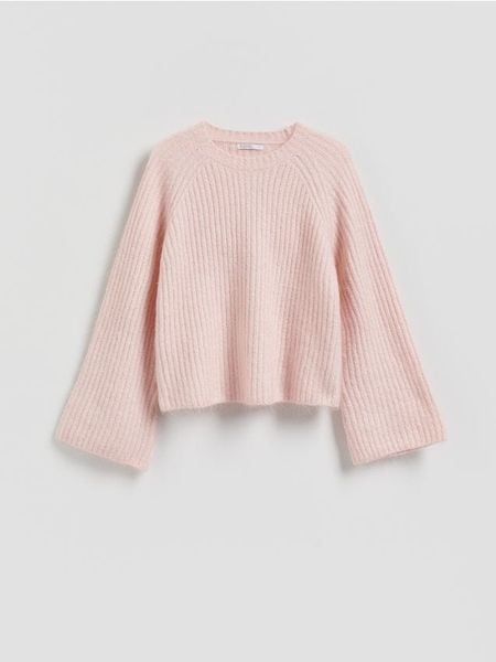 Sweter z wełną i moherem - pastelowy róż. Czerwone swetry Reserved, l, bez wzorów, z dzianiny, bez ramiączek. W wyprzedaży za 119.99 zł.