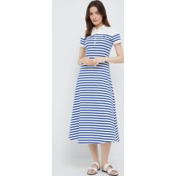 Polo Ralph Lauren sukienka midi rozkloszowana. Niebieskie sukienki Polo Ralph Lauren, l, bez wzorów, z dzianiny, bez kołnierzyka, bez ramiączek, midi, rozkloszowane. W wyprzedaży za 829.99 zł.