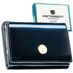 Granatowy portfel damski wykonany ze skóry naturalnej i ekologicznej, zamykany zatrzaskiem - Peterson. Niebieskie portfele Peterson, bez wzorów, ze skóry. Za 66.00 zł.