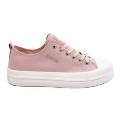 Niskie Sznurowane Tenisówki Big Star LL274970 Nude różowe. Czerwone trampki bez wzorów, z materiału, retro, bez zapięcia. Za 221.62 zł.