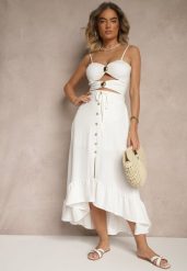 Biała Spódnica z Przedłużonym Tyłem Zdobiona Falbanami i Guzikami Maleira. Białe spódnice Renee, na co dzień, l, z aplikacjami, boho, midi, asymetryczne. W wyprzedaży za 35.99 zł.