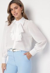 Biała Koszula z Wiskozy z Bawełną Ozdobiona Krawatem i Perełkami Isamira. Białe koszule Born2be, s, bez wzorów, z bawełny, eleganckie, bez kołnierzyka, bez ramiączek. W wyprzedaży za 84.99 zł.