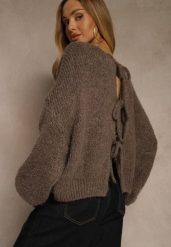 Jasnobrązowy Kardigan z Wełną o Kroju Oversize z Wiązanymi Kokardami Elearina. Brązowe swetry Renee, bez wzorów, z jeansu, eleganckie, bez ramiączek. Za 149.99 zł.