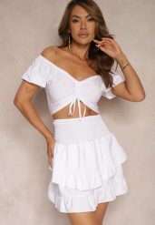 Biały Komplet z Bawełną Spódnica z Gumką w Talii i Falbanką Bluzka Typu Hiszpanka Testalani. Białe bluzki Renee, l, bez wzorów, z bawełny, eleganckie, bez kołnierzyka, bez ramiączek. Za 59.99 zł.
