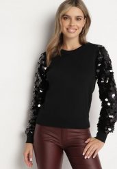 Czarny Sweter z Wiskozą o Klasycznym Kroju z Cekinowymi Rękawami Evandreth. Czarne swetry Born2be, bez wzorów, z jeansu, eleganckie, bez ramiączek. W wyprzedaży za 110.49 zł.