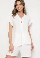Jasnobeżowy Komplet z Wiskozą Bluzka Zdobiona Guzikami i Szorty Nitamea. Brązowe bluzki Born2be, l, z aplikacjami, z materiału, eleganckie, bez kołnierzyka, bez ramiączek. W wyprzedaży za 46.74 zł.