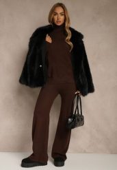 Brązowy Komplet Dzianinowy z Wełną i Bawełną Szerokie Spodnie i Golf Lennria. Brązowe swetry Renee, bez wzorów, z bawełny, bez ramiączek. Za 149.99 zł.