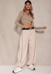 Beżowo-Czarne Dresowe Spodnie z Wiskozą High Waist Ozdobione Lampasami Maiviona. Brązowe jeansy Renee, bez wzorów, z dresówki, sportowe, z podwyższonym stanem. W wyprzedaży za 74.99 zł.