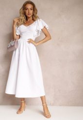Biała Taliowana Sukienka Maxi z Falbanami Giftis. Białe sukienki Renee, na imprezę, l, z aplikacjami, bez kołnierzyka, bez ramiączek, maxi. W wyprzedaży za 91.99 zł.