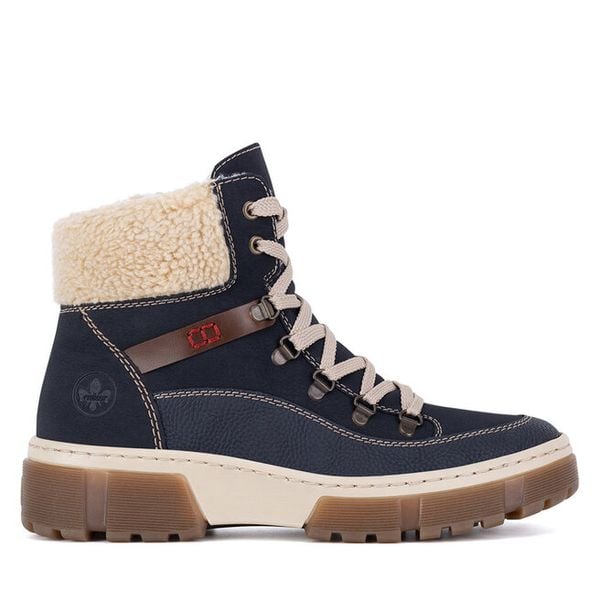 Trzewiki Rieker. Niebieskie botki Rieker, bez wzorów, bez obcasa, na płaskiej podeszwie, bez zapięcia. Za 258.99 zł.