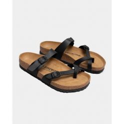 Klapki damskie Birkenstock 071791. Czarne klapki Birkenstock, bez wzorów, z materiału, eleganckie, bez obcasa, bez zapięcia. Za 684.00 zł.