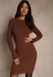 Brązowa Sweterkowa Dopasowana Sukienka z Bawełną Reileta. Brązowe sukienki Renee, na spotkanie biznesowe, bez wzorów, z bawełny, bez kołnierzyka, bez ramiączek, dopasowane. Za 89.99 zł.