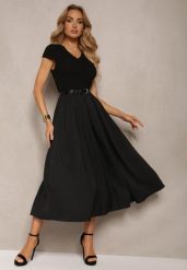 Czarna Sukienka o Rozkloszowanym Kroju z Krótkim Rękawem i Paskiem z Ekoskóry Frinna. Czarne sukienki Renee, na co dzień, bez wzorów, eleganckie, bez kołnierzyka, bez ramiączek, midi, rozkloszowane. W wyprzedaży za 183.99 zł.