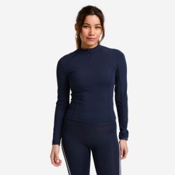 Koszulka fitness damska Domyos długi rękaw. Niebieskie t-shirty sportowe DOMYOS, xl, bez wzorów, z materiału, bez ramiączek, na fitness i siłownię. Za 69.99 zł.