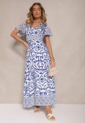 Niebieska Rozkloszowana Sukienka Zdobiona Ornamentalnym Printem Tillinelle. Niebieskie sukienki Renee, na co dzień, m, z aplikacjami, eleganckie, bez kołnierzyka, bez ramiączek, maxi, kopertowe. W wyprzedaży za 67.99 zł.