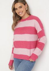 Różowy Sweter w Pasy z Wełną Zakończony Ściągaczem Tiaelle. Czerwone swetry Born2be, bez wzorów, z wełny, klasyczne, bez ramiączek. W wyprzedaży za 118.99 zł.