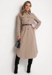 Ciemnobeżowa Koszulowa Sukienka na Guziki z Paskiem i Imitacją Kieszeni Tintarra. Brązowe sukienki Born2be, do pracy, l, bez wzorów, biznesowe, bez kołnierzyka, bez ramiączek, koszulowe. Za 59.99 zł.