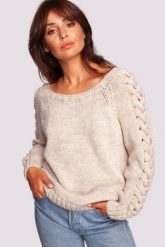 Sweter z Grubym Warkoczem na Rękawach - Beżowy. Brązowe swetry MOE, l, bez wzorów, z materiału, bez ramiączek. Za 204.58 zł.