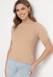 Ciemnobeżowy Sweter z Ozdobnymi Ściągaczami Sanarella. Brązowe swetry Born2be, uniwersalny, z aplikacjami, z jeansu, eleganckie, bez ramiączek. W wyprzedaży za 55.24 zł.