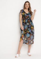 Czarno-Niebieska Sukienka Rozkloszowana Midi w Kwiatowy Print Nelettia. Czarne sukienki Born2be, do pracy, l, bez wzorów, biznesowe, bez kołnierzyka, bez ramiączek, midi, rozkloszowane. Za 79.99 zł.