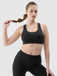 4F Biustonosz treningowy z niskim wsparciem damski - czarny S. Czarne biustonosze sportowe 4f, bez wzorów, z dzianiny, na fitness i siłownię. W wyprzedaży za 49.99 zł.