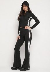 Czarny Komplet Sportowy Rozpinana Bluza i Spodnie Typu Dzwony Lumoreina. Czarne bluzy bez kaptura Born2be, xs, z aplikacjami, bez kaptura. W wyprzedaży za 127.49 zł.