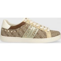 Guess sneakersy Raelin3 kolor beżowy. Brązowe buty sportowe lifestyle Guess, z aplikacjami, z gumy, sportowe, z okrągłym noskiem, bez zapięcia. Za 549.99 zł.