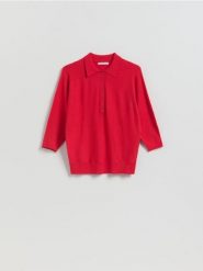 Sweter polo z wiskozą - czerwony. Czerwone swetry Reserved, l, bez wzorów, z dzianiny, bez ramiączek. Za 99.99 zł.