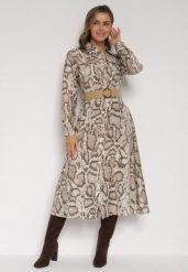 Beżowa Sukienka Koszulowa z Wiskozą Zdobiona Paskiem i Wzorem w Węża Delane. Brązowe sukienki Born2be, do pracy, l, z aplikacjami, z materiału, biznesowe, bez kołnierzyka, bez ramiączek, midi, koszulowe. Za 129.99 zł.