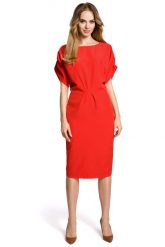 Czerwona Koktajlowa Sukienka Typu Kimono z Zakładkami. Czerwone sukienki MOE, l, bez wzorów, z elastanu, wizytowe, bez kołnierzyka, bez ramiączek. Za 223.90 zł.