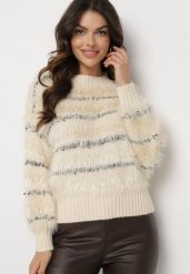 Beżowy Sweter w Paseczki z Wiskozą o Długim Włosiu Nerlina. Brązowe swetry Born2be, s, bez wzorów, z jeansu, biznesowe, bez ramiączek. W wyprzedaży za 84.99 zł.