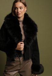 Czarna Ocieplana Kurtka Ramoneska z Futrem przy Kołnierzu i Rękawach Mevesala. Czarne kurtki Born2be, l, bez wzorów, z dzianiny, bez kaptura. Za 269.99 zł.