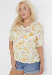 Żółta Bluzka z Wiskozy w Kwiaty i Rękawem 3/4 Thaleta. Żółte bluzki Born2be, l, bez wzorów, z wiskozy, bez kołnierzyka, bez ramiączek. Za 59.99 zł.