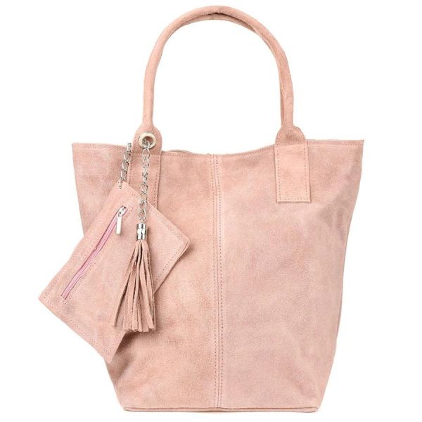 Shopperka skórzana VERA PELLE pudrowa T49. Czerwone shopper bag bez wzorów, ze skóry, zamszowe, bez dodatków. Za 189.90 zł.