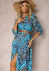 Niebieska Koszulowa Sukienka z Bawełnianej Tkaniny z Mozaikowym Wzorem Tesahina. Niebieskie sukienki Renee, na spotkanie biznesowe, xl, bez wzorów, z bawełny, boho, bez kołnierzyka, bez ramiączek, midi, dopasowane. W wyprzedaży za 55.99 zł.