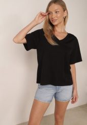 Czarny T-shirt z Bawełny z Trójkątnym Dekoltem Siliphe. Czarne t-shirty Born2be, uniwersalny, bez wzorów, z bawełny, biznesowe, bez kołnierzyka, bez ramiączek. Za 79.99 zł.
