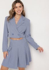Niebieska Marynarka Dwurzędowa o Krótkim Kroju w Delikatne Paski Redarisa. Niebieskie marynarki i żakiety Born2be, m, bez wzorów, z jeansu, eleganckie, bez ramiączek. W wyprzedaży za 76.49 zł.