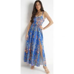 Niebieska Sukienka Megeusa. Niebieskie sukienki Born2be, s, bez wzorów, bez kołnierzyka, bez ramiączek, maxi, dopasowane. W wyprzedaży za 118.99 zł.