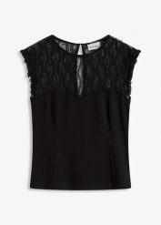 Top z koronką. Czarne topy bonprix, bez wzorów, z koronki, eleganckie, bez kołnierzyka, bez ramiączek. Za 79.99 zł.