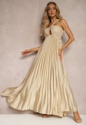 Beżowa Asymetryczna Sukienka Plisowana na Jedno Ramię z Gumką w Talii Elashay. Brązowe sukienki Renee, bez wzorów, z materiału, eleganckie, z asymetrycznym kołnierzem, bez ramiączek, maxi, asymetryczne. W wyprzedaży za 119.99 zł.