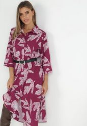 Fuksjowa Sukienka Koszulowa w Kwiaty Rahila. Czerwone sukienki Born2be, m, bez wzorów, z tkaniny, bez kołnierzyka, bez ramiączek, midi, koszulowe. W wyprzedaży za 90.99 zł.