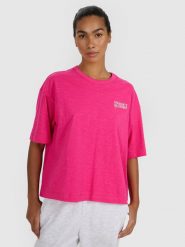 4F T-shirt oversize z nadrukiem damski - różowy M. Czerwone t-shirty 4f, m, bez wzorów, z bawełny, klasyczne, bez kołnierzyka, bez ramiączek. W wyprzedaży za 29.99 zł.