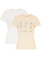 T-shirt basic z nadrukiem (2 szt.). Zielone t-shirty bonprix, bez wzorów, bez kołnierzyka, bez ramiączek. Za 49.98 zł.