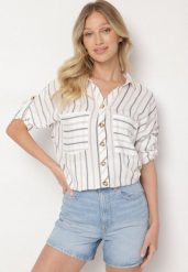 Beżowo-Szara Bawełniana Koszula Oversize w Paski Filalira. Brązowe koszule Born2be, m, bez wzorów, z bawełny, eleganckie, bez kołnierzyka, bez ramiączek. W wyprzedaży za 72.24 zł.