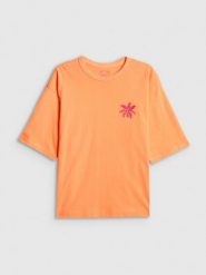 4F T-shirt boxy z nadrukiem damski - pomarańczowy S. Brązowe t-shirty 4f, s, bez wzorów, z bawełny, bez kołnierzyka, bez ramiączek. Za 69.99 zł.