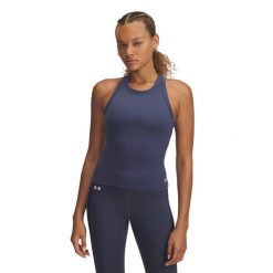 Top treningowy damski Under Armour Motion High Neck Tank. Czarne topy Under Armour, l, bez wzorów, sportowe, bez kołnierzyka, bez ramiączek. Za 129.99 zł.