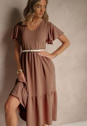Brązowa Rozkloszowana Sukienka z Wiskozą w Casualowym Stylu Filarenna. Brązowe sukienki Renee, na co dzień, l, bez wzorów, z wiskozy, eleganckie, bez kołnierzyka, bez ramiączek, midi, rozkloszowane. W wyprzedaży za 63.99 zł.