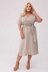 Sukienka Lenora w kolorze naturalnego lnu - Elegancja w naturalnym stylu PLUS SIZE OVERSIZE XXL. Sukienki Moda Size Plus Iwanek, na co dzień, l, bez wzorów, ze lnu, eleganckie, bez kołnierzyka, plus size, bez ramiączek, midi, dopasowane. W wyprzedaży za 269.90 zł.
