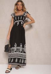 Czarna Wiskozowa Sukienka Rozkloszowana w Ornamentalny Wzór Lisaretia. Czarne sukienki Renee, na co dzień, l, z aplikacjami, z wiskozy, eleganckie, bez kołnierzyka, bez ramiączek, maxi, rozkloszowane. W wyprzedaży za 67.99 zł.