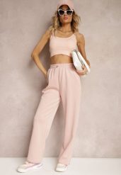 Ciemnoróżowe Spodnie High Waist o Szerokich Prostych Nogawkach z Gumką w Pasie Hintia. Czerwone jeansy Renee, l, bez wzorów, z jeansu, eleganckie, z podwyższonym stanem. W wyprzedaży za 55.99 zł.